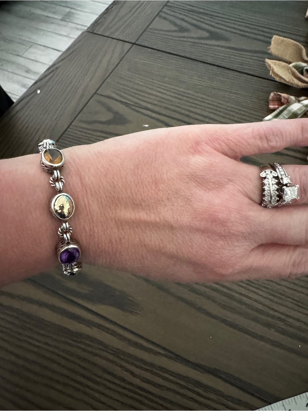 Samuel B BJC 925 Sterling Silver 18K Gold Multicolor Stone Toggle Bracelet